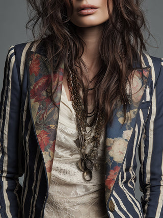 Blazer Bohème Rayé pour Femmes avec Imprimé Floral Vintage