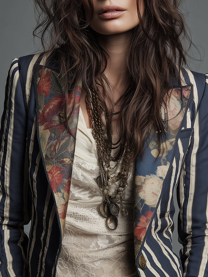 Blazer Bohème Rayé pour Femmes avec Imprimé Floral Vintage