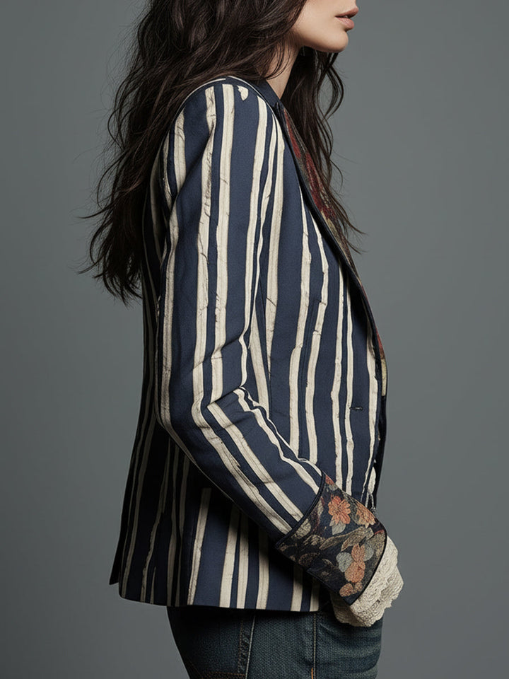 Blazer Bohème Rayé pour Femmes avec Imprimé Floral Vintage