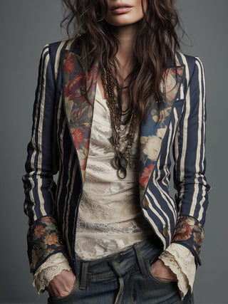 Blazer Bohème Rayé pour Femmes avec Imprimé Floral Vintage