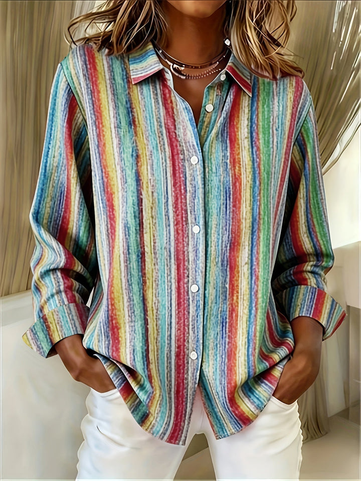 Chemise Femme Rayée Manches Longues Boutonnée Coupe Décontractée