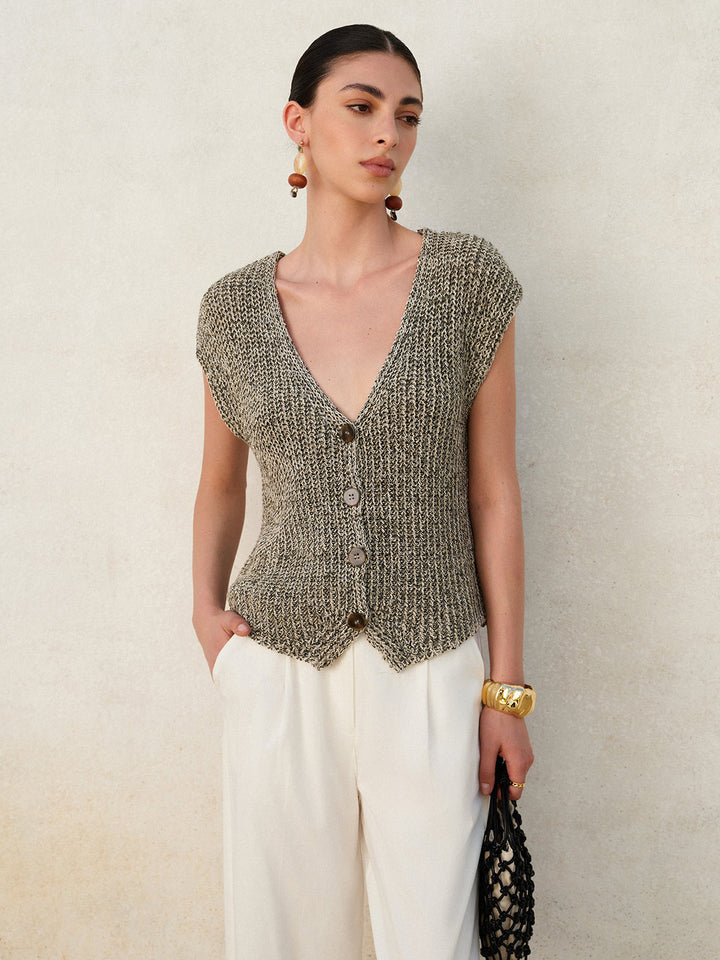 Gilet Femme Tricoté Sans Manches Fermeture Boutonnée Coupe Courte
