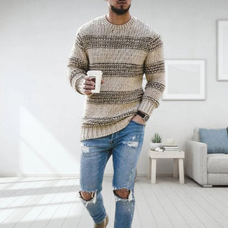 Pull Homme Rayé en Maille Épaisse – Col Rond Confort Hivernal