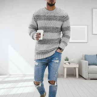 Pull Homme Rayé en Maille Épaisse – Col Rond Confort Hivernal