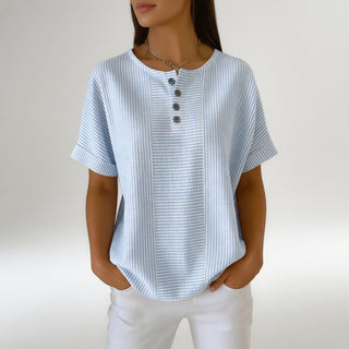 Chemisier Femme Lin Rayé Manches Courtes Col Rond Boutonné Été