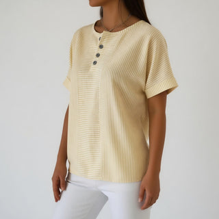Chemisier Femme Lin Rayé Manches Courtes Col Rond Boutonné Été
