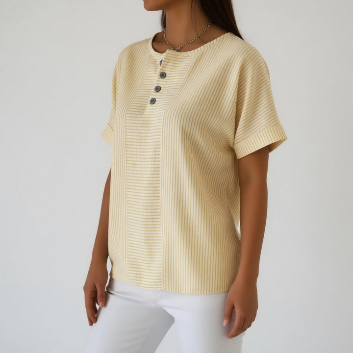 Chemisier Femme Lin Rayé Manches Courtes Col Rond Boutonné Été