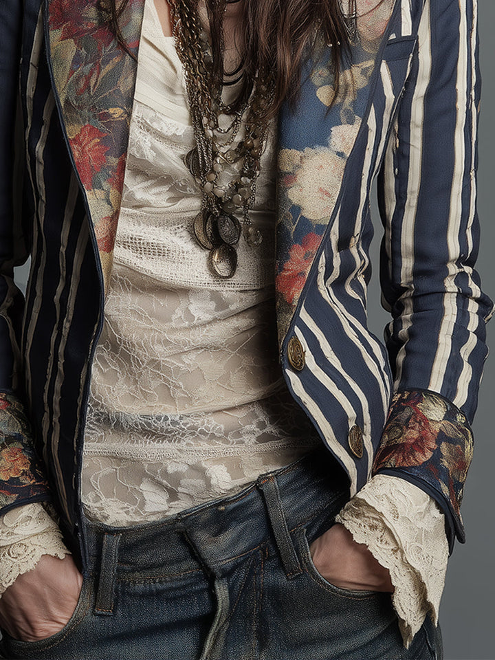 Blazer Bohème Rayé pour Femmes avec Imprimé Floral Vintage