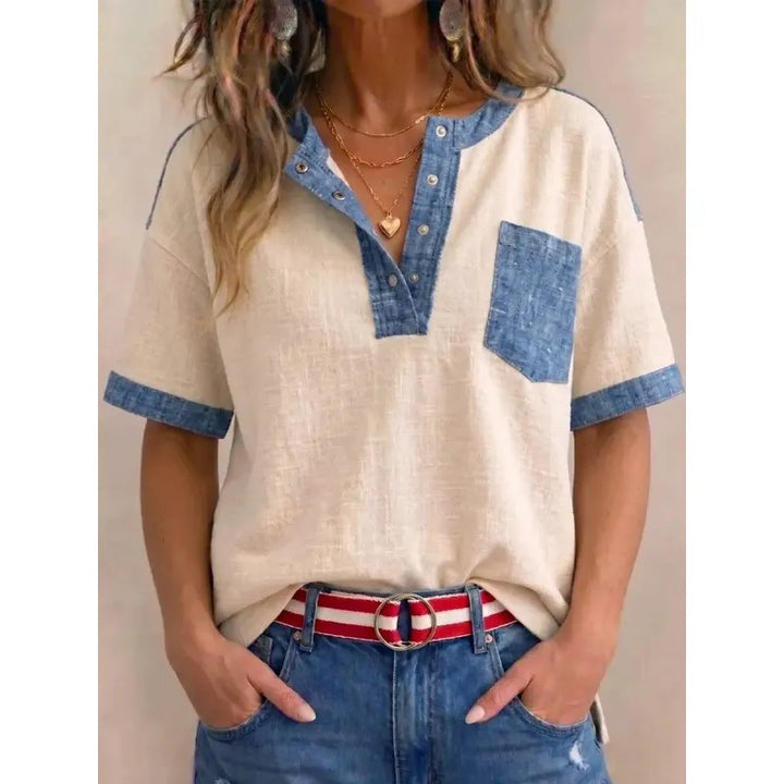 Top femme en coton à col V avec détails denim