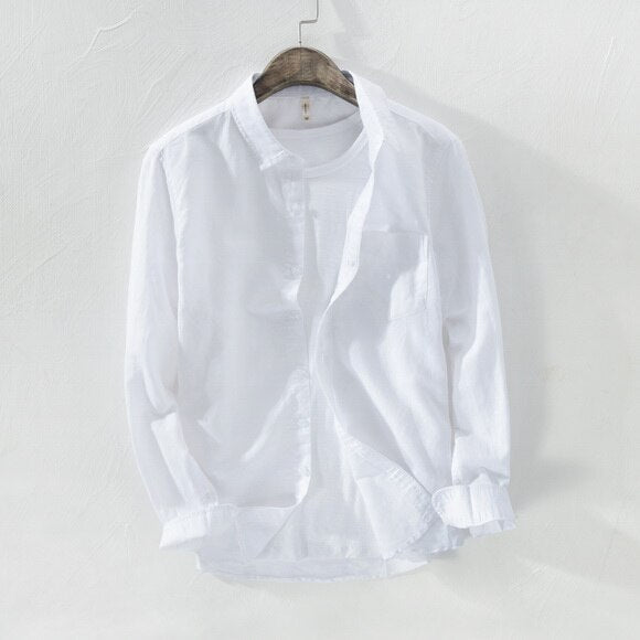 Chemise unie en lin et coton à manches longues