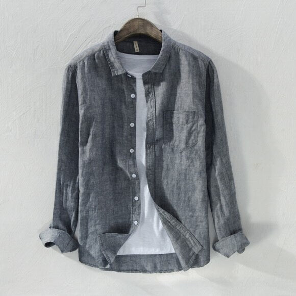 Chemise unie en lin et coton à manches longues