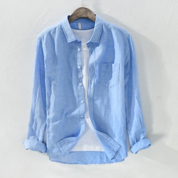 Chemise unie en lin et coton à manches longues