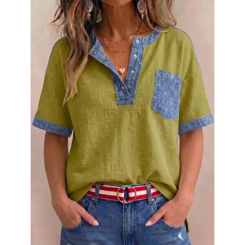 Top femme en coton à col V avec détails denim
