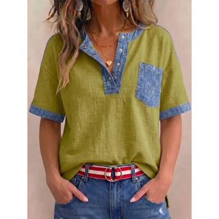 Top femme en coton à col V avec détails denim