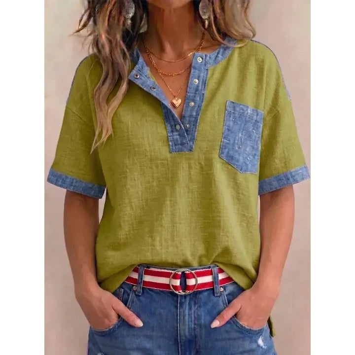 Top femme en coton à col V avec détails denim