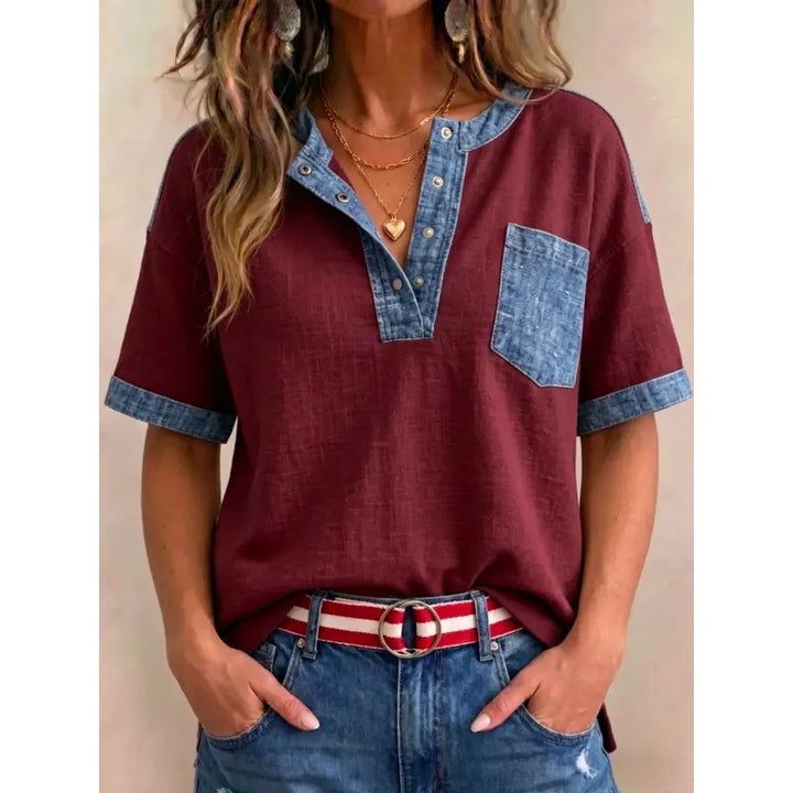 Top femme en coton à col V avec détails denim