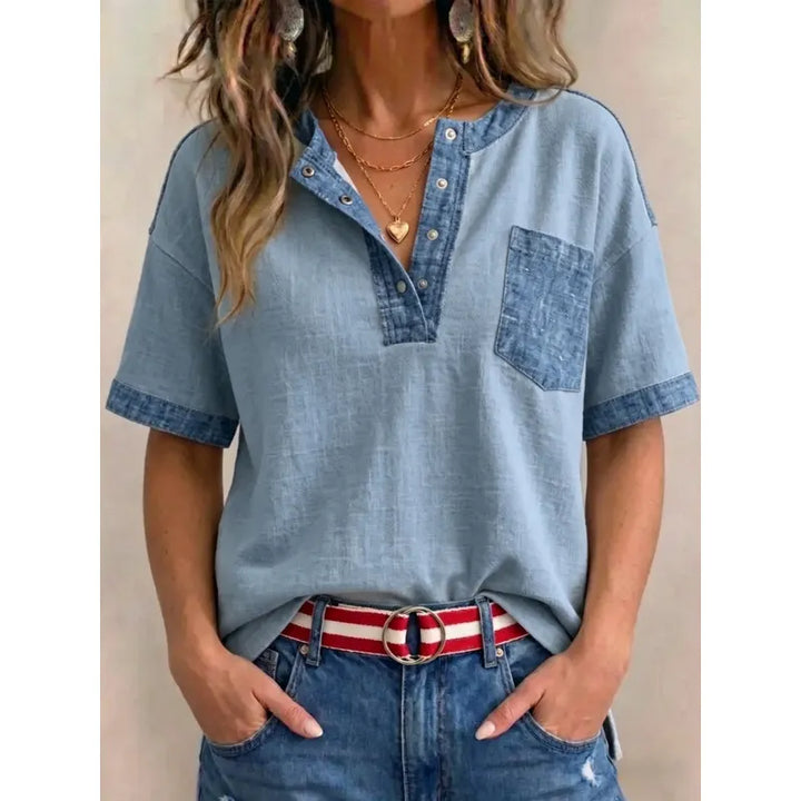 Top femme en coton à col V avec détails denim