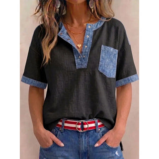 Top femme en coton à col V avec détails denim