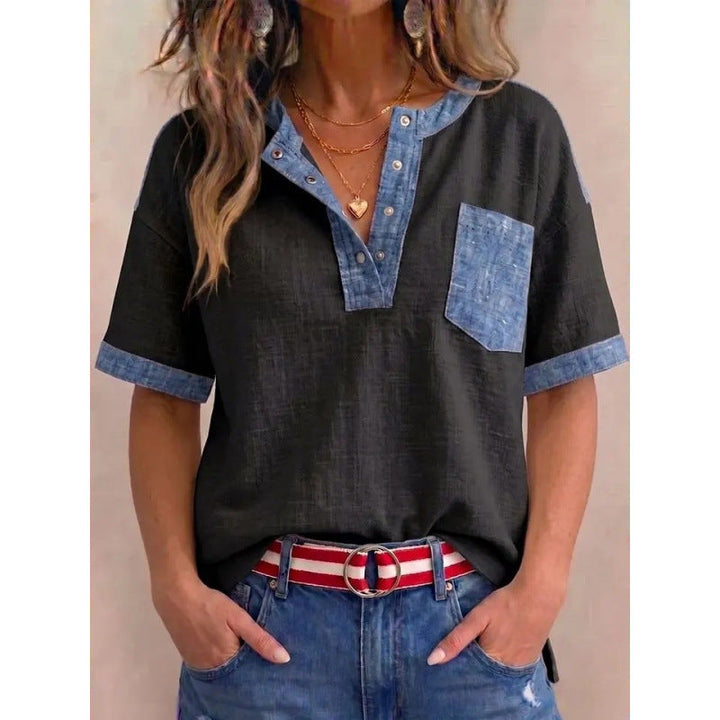 Top femme en coton à col V avec détails denim