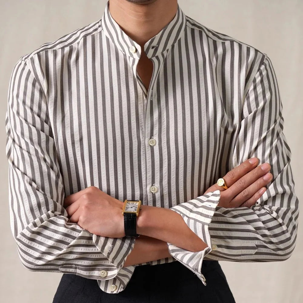 Chemise en coton mélangé à col officier rayé