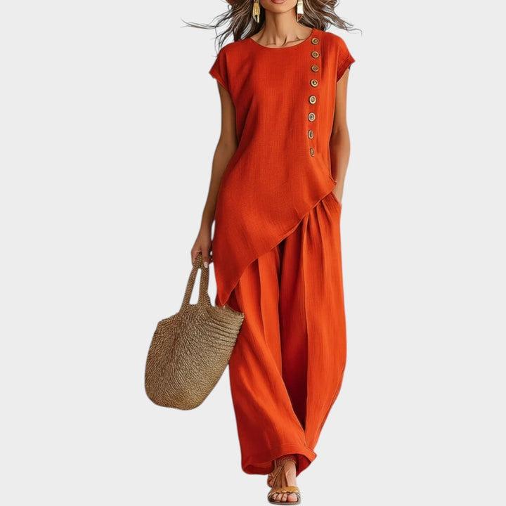 Ensemble Femme Été Lin Asymétrique Boutons Latéraux Élégant