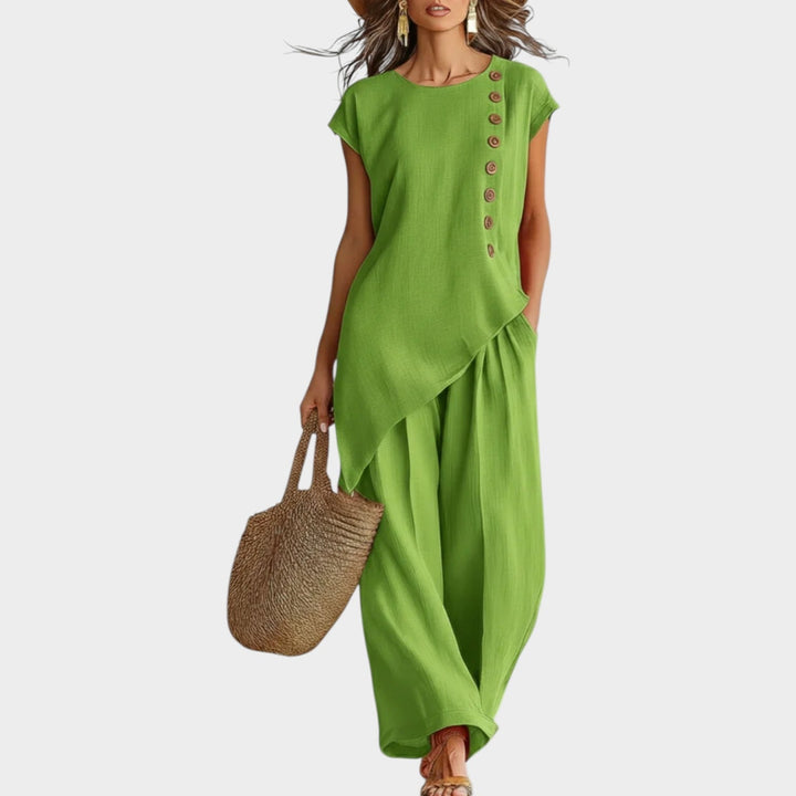 Ensemble Femme Été Lin Asymétrique Boutons Latéraux Élégant