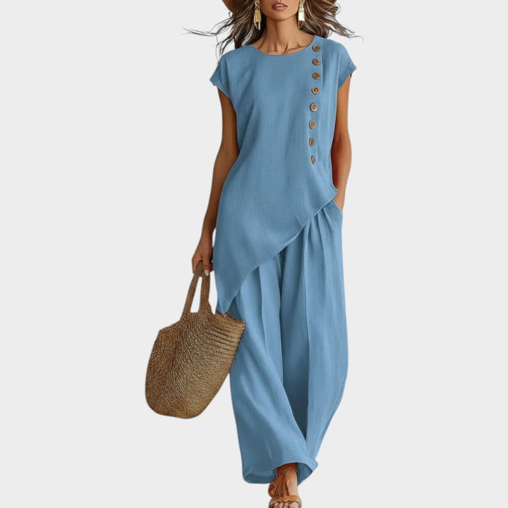 Ensemble Femme Été Lin Asymétrique Boutons Latéraux Élégant