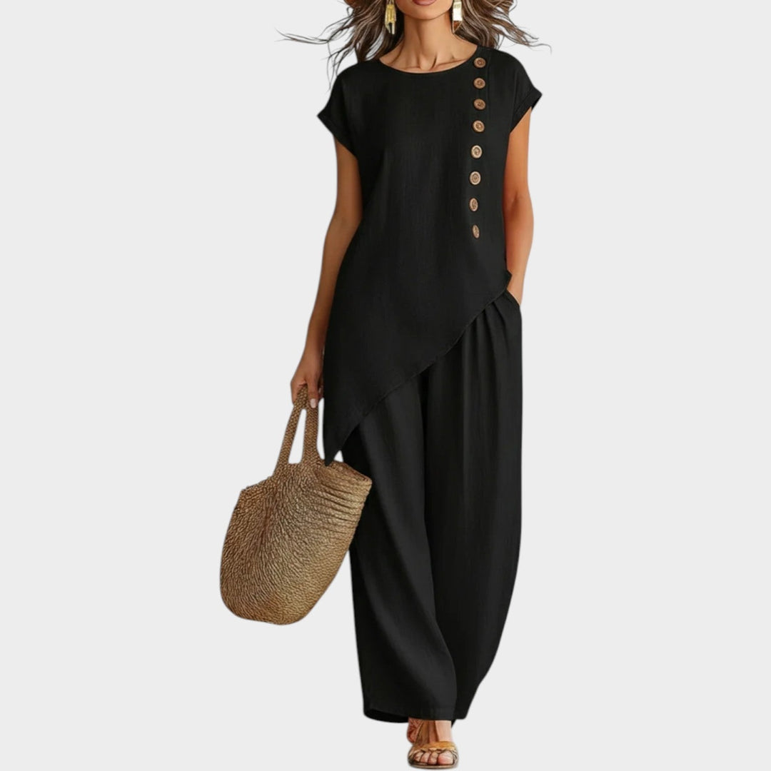 Ensemble Femme Été Lin Asymétrique Boutons Latéraux Élégant