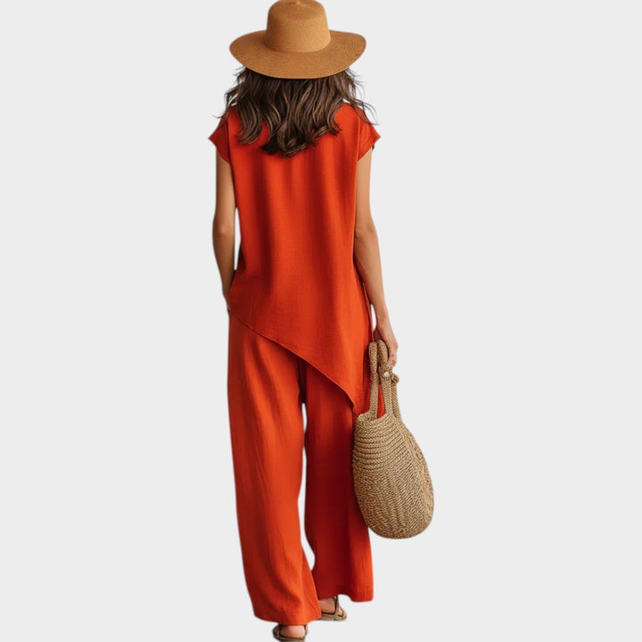 Ensemble Femme Été Lin Asymétrique Boutons Latéraux Élégant