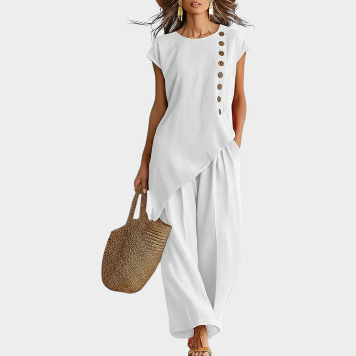 Ensemble Femme Été Lin Asymétrique Boutons Latéraux Élégant