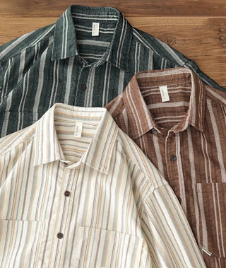 Chemise japonaise rayée en velours côtelé à doubles poches