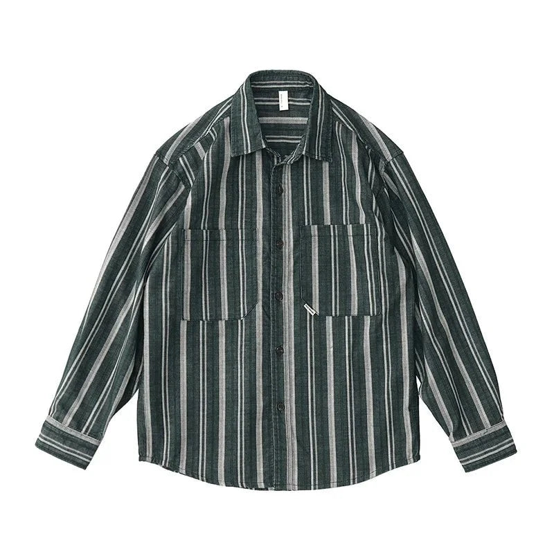 Chemise japonaise rayée en velours côtelé à doubles poches