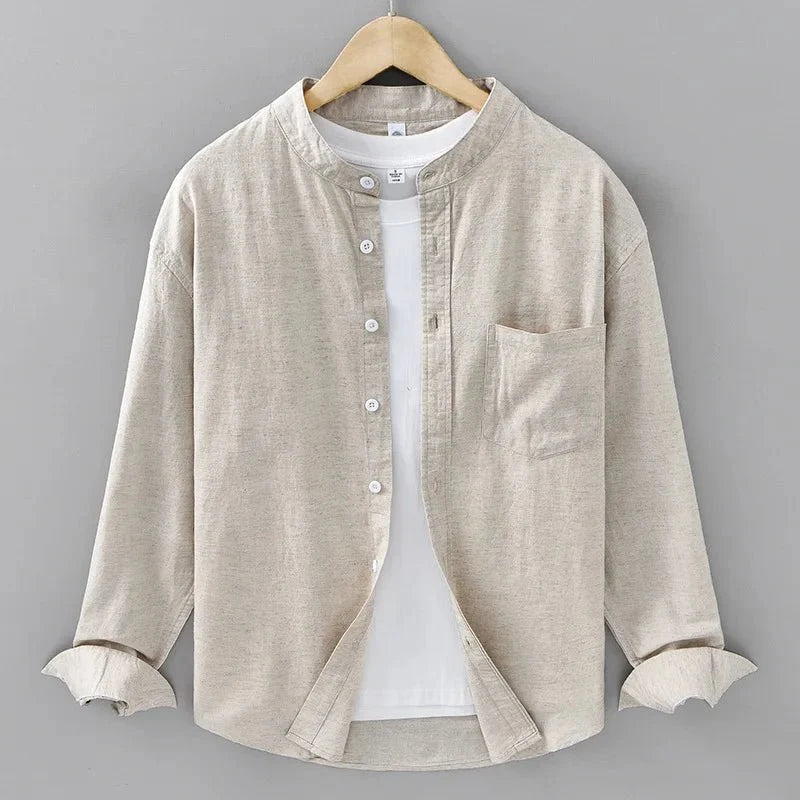 Chemise japonaise en coton et lin à col mandarin