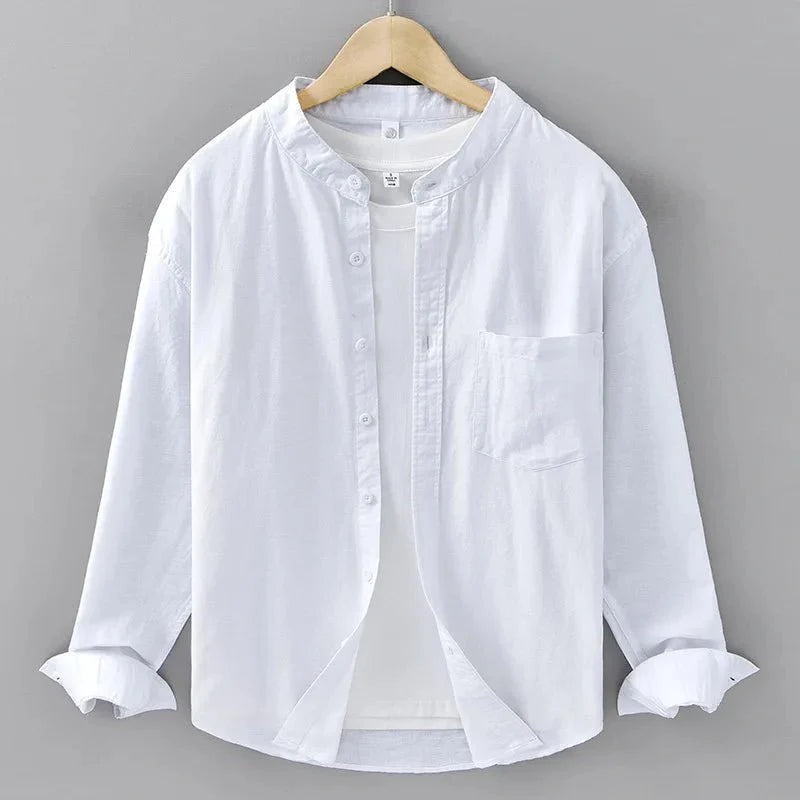 Chemise japonaise en coton et lin à col mandarin
