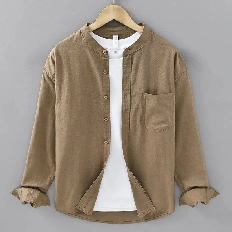 Chemise japonaise en coton et lin à col mandarin
