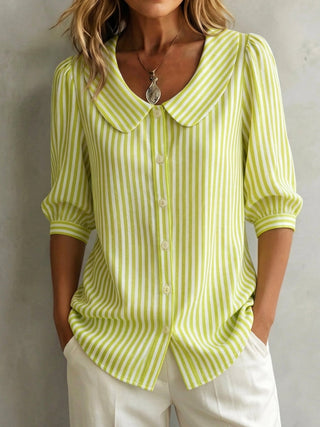 Blouse Femme Rayures Col Claudine Boutons Manches 3/4 Bouffantes