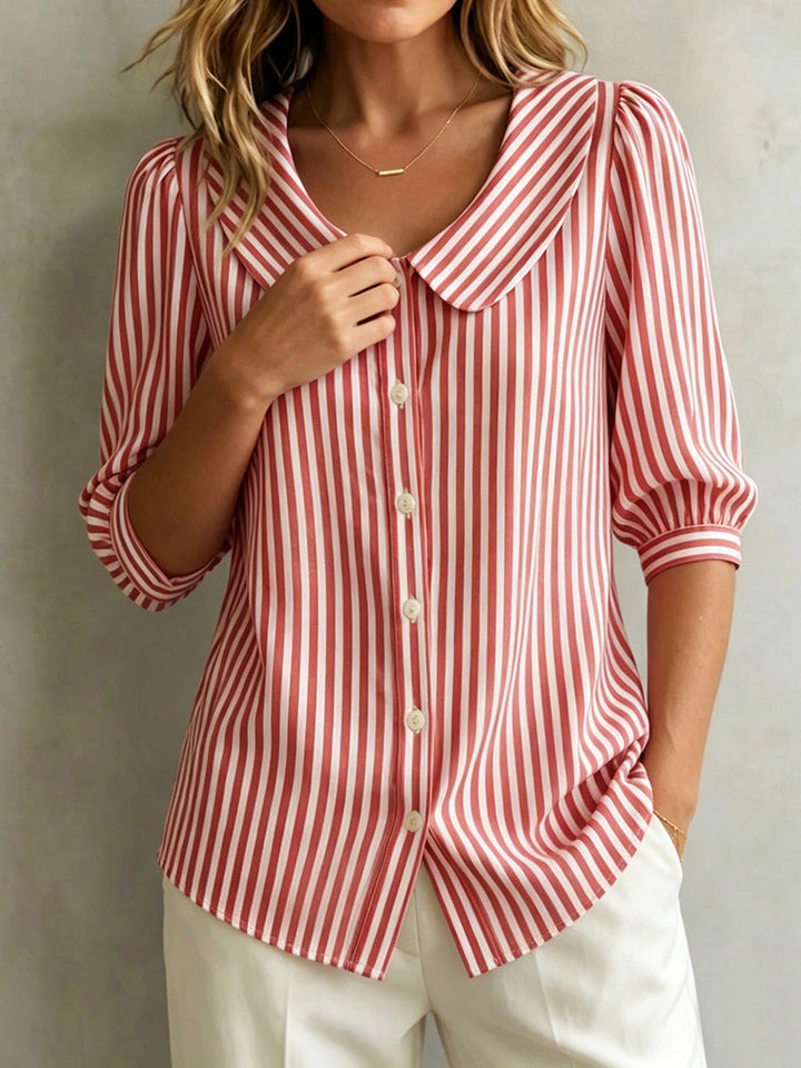 Blouse Femme Rayures Col Claudine Boutons Manches 3/4 Bouffantes