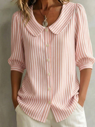 Blouse Femme Rayures Col Claudine Boutons Manches 3/4 Bouffantes