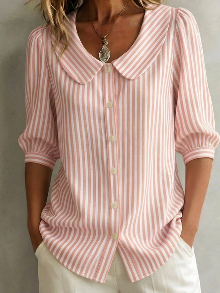 Blouse Femme Rayures Col Claudine Boutons Manches 3/4 Bouffantes