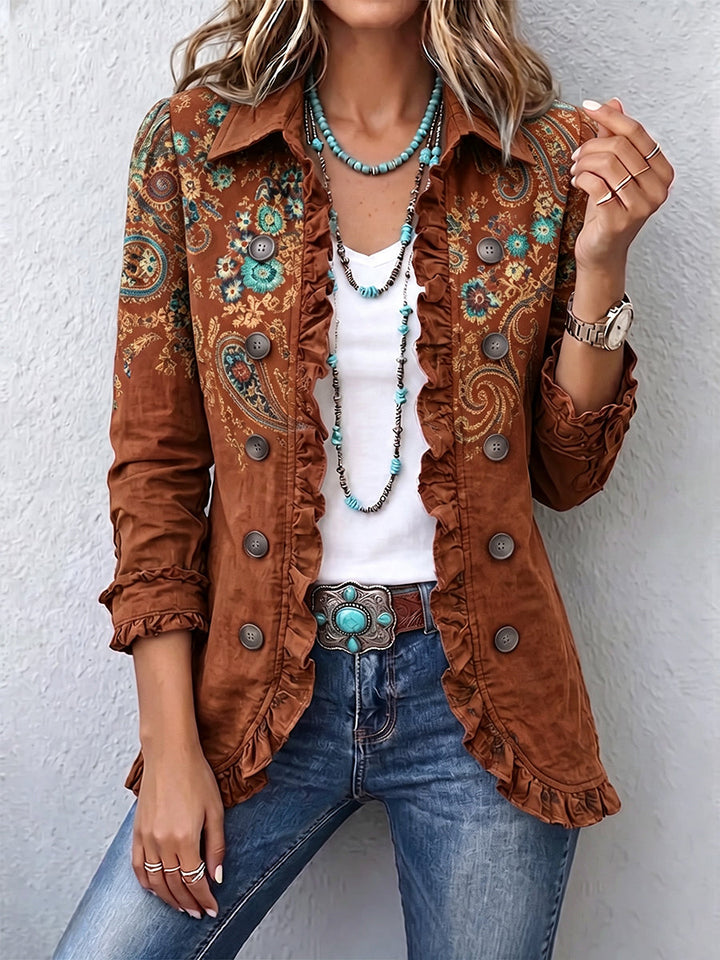 Veste femme bohème à imprimé paisley et volants