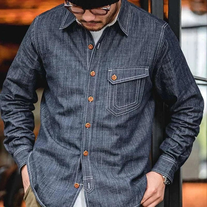 Chemise rétro unie en denim à manches longues