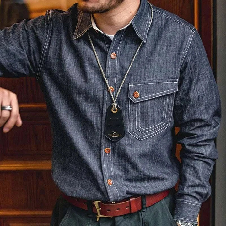 Chemise rétro unie en denim à manches longues