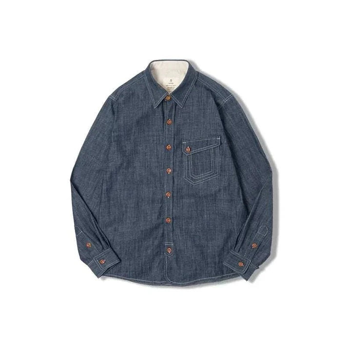 Chemise rétro unie en denim à manches longues