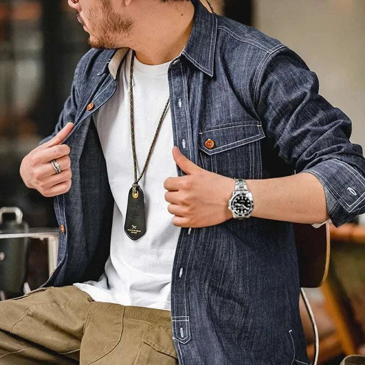Chemise rétro unie en denim à manches longues