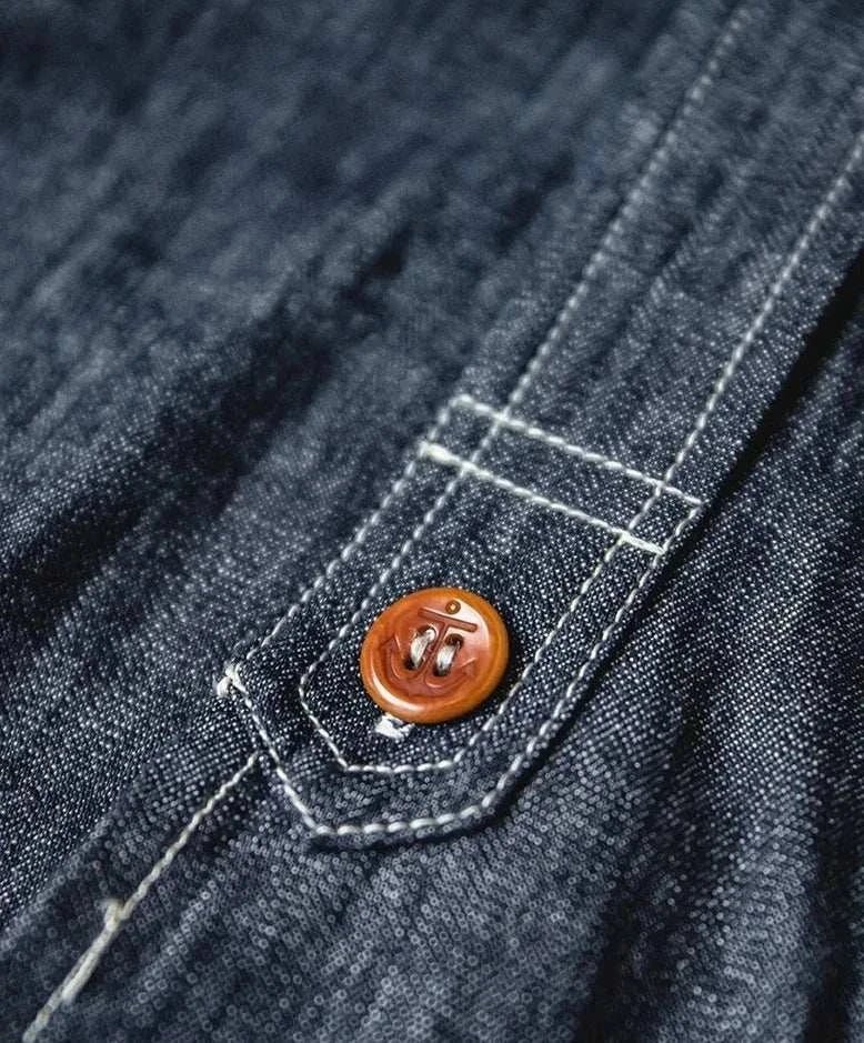 Chemise rétro unie en denim à manches longues