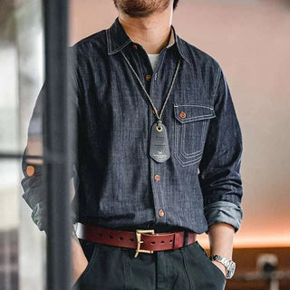 Chemise rétro unie en denim à manches longues