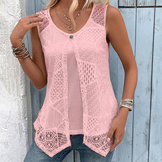 Gilet femme sans manches au crochet ajouré avec bouton