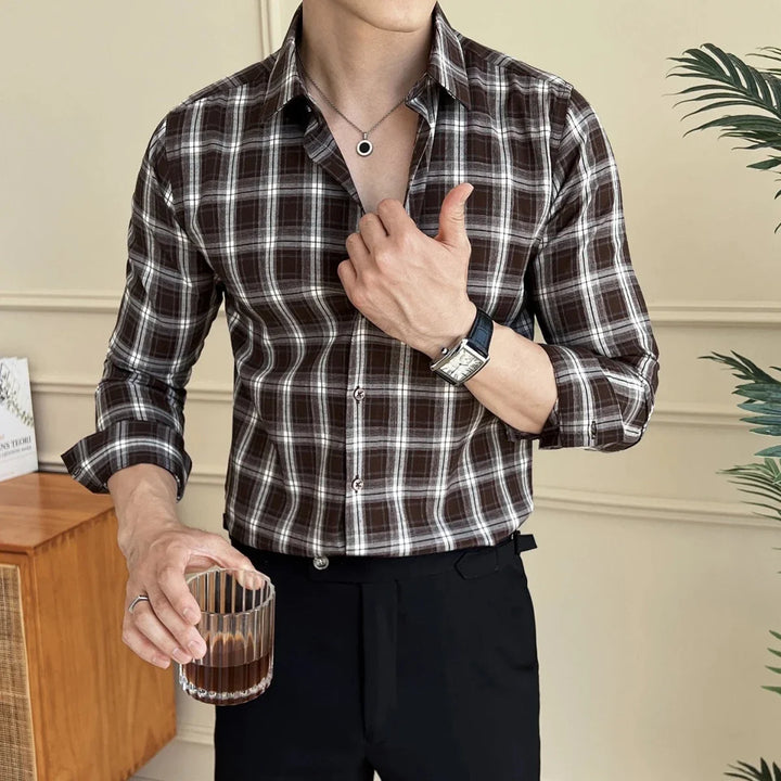 Chemise business slim fit à carreaux foncés